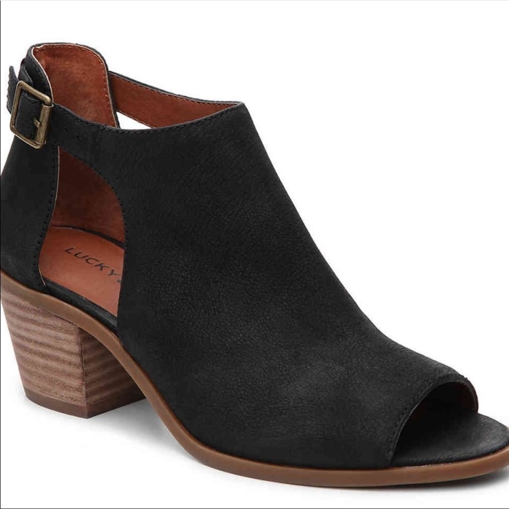 LUCKY BRAND BARIMO LEATHER OPEN TOE BOOTIES